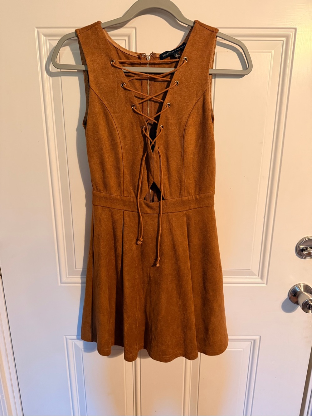 Symphony Lace-Up Faux Suede Dress in Rust Brown